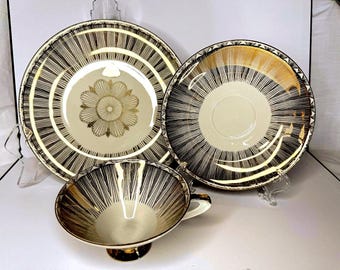 Juego de postre vintage de 3 piezas de porcelana bávara Winterling en oro amarillo