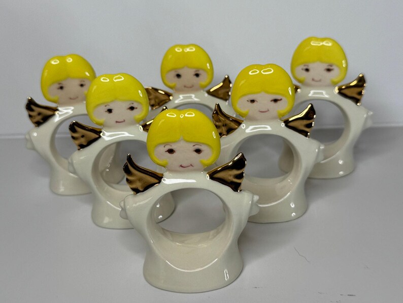 1970s Standing Ceramic Angel Napkin Rings Set of 6 image 3