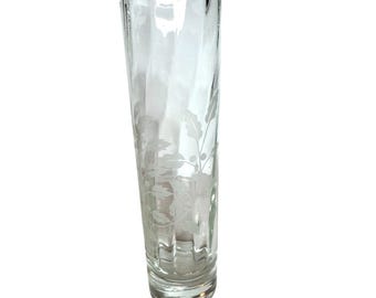 Pasabache Glass Clear Glass Vase Etched Floral Design 8" Tall