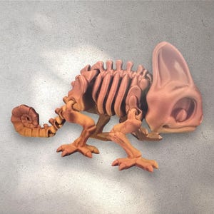 May include: A detailed, three-dimensional sculpture of a chameleon skeleton. The sculpture is primarily shades of brown and tan, with a textured appearance. The chameleon's head, body, legs, and curled tail are all visible, showcasing the skeletal structure.