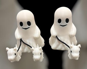 Fright, Fido e Phantom: Dupla de Fantasmas Articulados Passeando com Cães | Decoração de Halloween Exclusiva Impressa em 3D | Estatueta Colecionável Assustadora