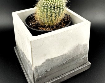 Handcrafted concrete two-toned soft white and dark gray 3" square succulent small plant holder pot