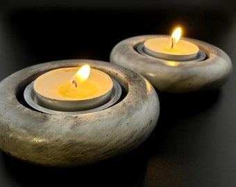 Handcrafted two-piece marbled gray donut-shaped tea light or votive candle holder