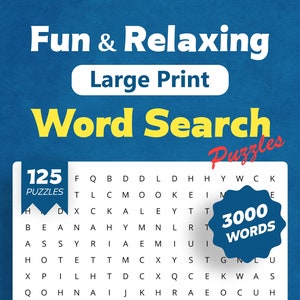 以下が含まれることがあります： 「Fun & Relaxing Large Print Word Search Puzzles」というタイトルと、「125 Puzzles」と「3000 Words」というテキストが書かれた青い本の表紙。表紙には、黒い背景に白い文字で書かれた大きな単語検索パズルグリッドが描かれている。