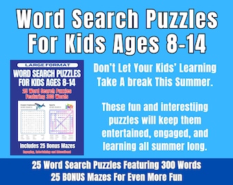 Op de afbeelding: Een blauwe afbeelding met de tekst "Word Search Puzzles For Kids Ages 8-14". De afbeelding bevat een boekomslag met woordzoekvoorbeelden en de tekst "25 Word Search Puzzles Featuring 300 Words". Extra tekst promoot zomerleren.