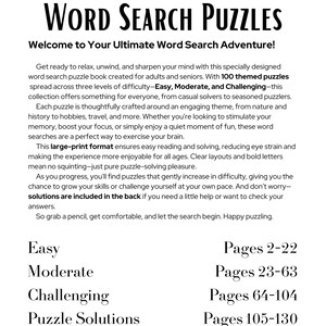 Puede incluir: Una p&aacute;gina blanca con el t&iacute;tulo "WORD SEARCH PUZZLES" en letras negras grandes y en negrita. El texto describe un libro de b&uacute;squeda de palabras con 100 rompecabezas en tres niveles de dificultad: F&aacute;cil, Moderado y Dif&iacute;cil.