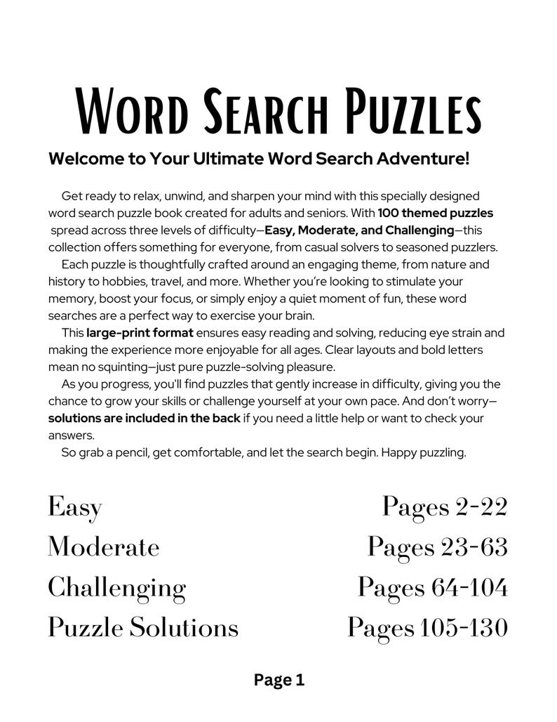 Puede incluir: Una p&aacute;gina blanca con el t&iacute;tulo "WORD SEARCH PUZZLES" en letras negras grandes y en negrita. El texto describe un libro de b&uacute;squeda de palabras con 100 rompecabezas en tres niveles de dificultad: F&aacute;cil, Moderado y Dif&iacute;cil.