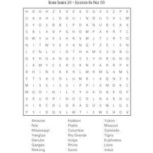Puede incluir: Un rompecabezas de b&uacute;squeda de palabras titulado "R&iacute;os del Mundo" con una cuadr&iacute;cula de letras y una lista de nombres de r&iacute;os. El texto "Word Search 20 - Soluci&oacute;n en la p&aacute;gina 110" es visible. El n&uacute;mero de p&aacute;gina "22" est&aacute; en la parte inferior.