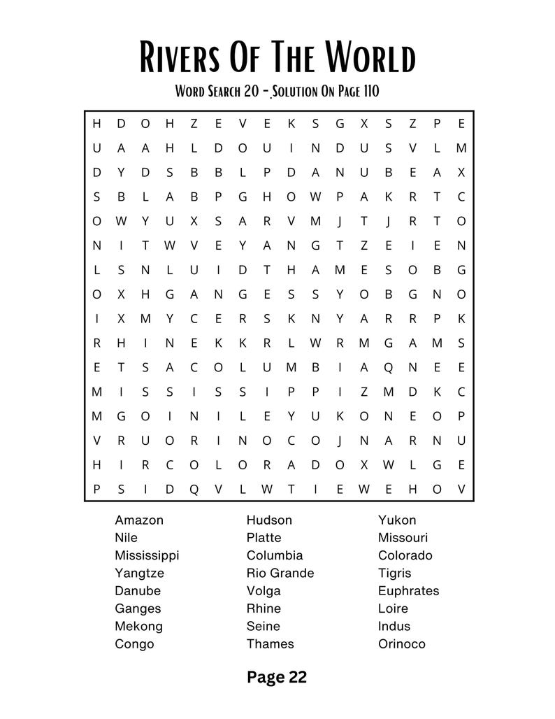 Puede incluir: Un rompecabezas de b&uacute;squeda de palabras titulado "R&iacute;os del Mundo" con una cuadr&iacute;cula de letras y una lista de nombres de r&iacute;os. El texto "Word Search 20 - Soluci&oacute;n en la p&aacute;gina 110" es visible. El n&uacute;mero de p&aacute;gina "22" est&aacute; en la parte inferior.