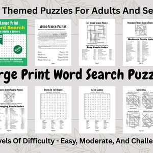 Puede incluir: Una colecci&oacute;n de crucigramas de impresi&oacute;n grande para adultos y personas mayores. La imagen muestra una portada de libro verde con el texto "Large Print Word Search" y varias p&aacute;ginas con cuadr&iacute;culas de b&uacute;squeda de palabras. Los rompecabezas ofrecen tres niveles de dificultad.