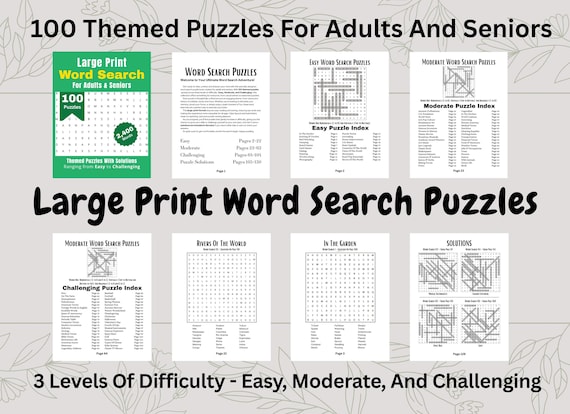 100 Large Print Word Search Puzzles For Adults & Seniors -- Digital Download
