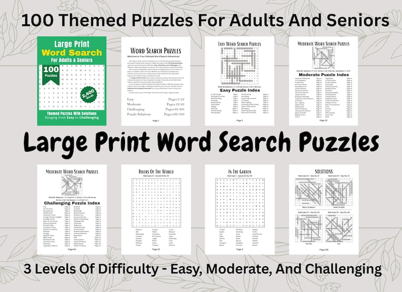 Puede incluir: Una colecci&oacute;n de crucigramas de impresi&oacute;n grande para adultos y personas mayores. La imagen muestra una portada de libro verde con el texto "Large Print Word Search" y varias p&aacute;ginas con cuadr&iacute;culas de b&uacute;squeda de palabras. Los rompecabezas ofrecen tres niveles de dificultad.