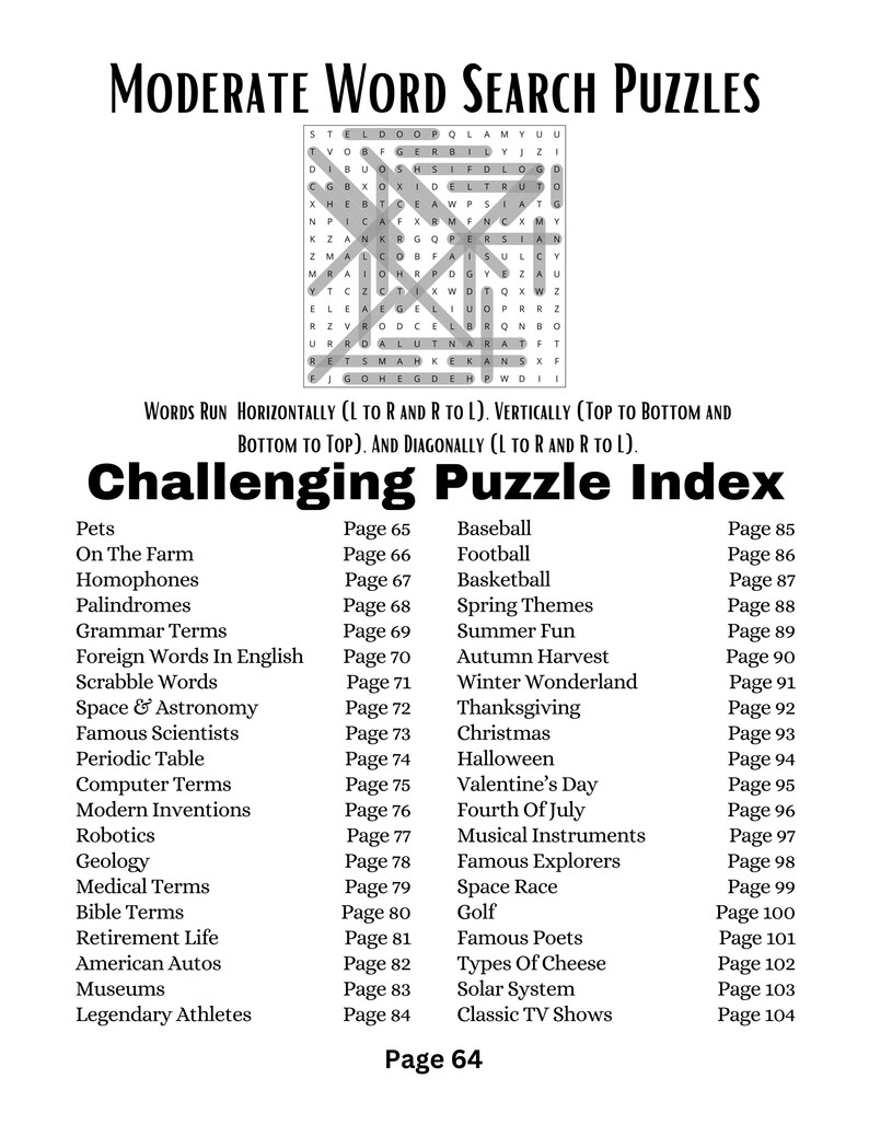 Puede incluir: Un libro de b&uacute;squeda de palabras en blanco y negro, titulado "Moderate Word Search Puzzles". El libro presenta un "Challenging Puzzle Index" con temas como Mascotas, B&eacute;isbol y Halloween. El texto indica la direcci&oacute;n de las palabras.