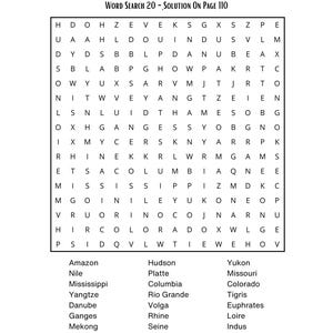 Puede incluir: Un juego de b&uacute;squeda de palabras titulado "R&iacute;os del Mundo", con una cuadr&iacute;cula de letras y una lista de nombres de r&iacute;os. El texto incluye "Word Search 20 - Solution On Page 110" y "Page 22".