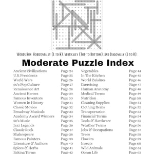 Puede incluir: Una p&aacute;gina de un libro de "Moderate Word Search Puzzles". La p&aacute;gina presenta una cuadr&iacute;cula de b&uacute;squeda de palabras y un &iacute;ndice de temas con n&uacute;meros de p&aacute;gina, incluyendo "Civilizaciones antiguas" y "Frutas". El texto es negro sobre fondo blanco.