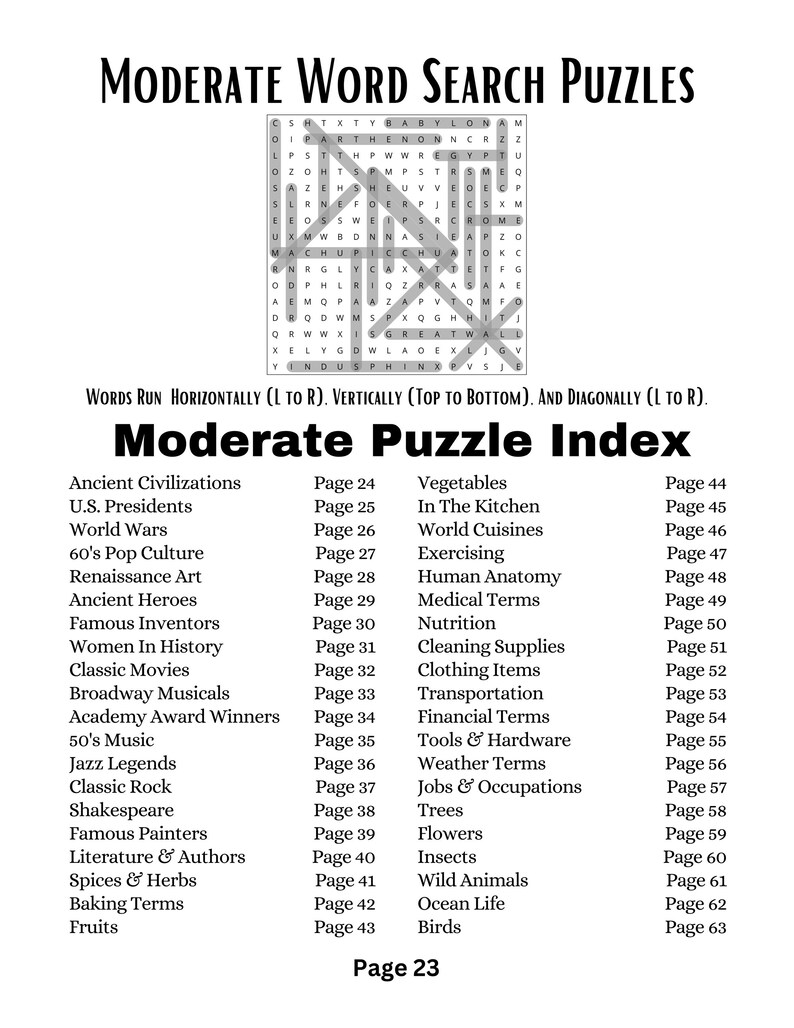 Puede incluir: Una p&aacute;gina de un libro de "Moderate Word Search Puzzles". La p&aacute;gina presenta una cuadr&iacute;cula de b&uacute;squeda de palabras y un &iacute;ndice de temas con n&uacute;meros de p&aacute;gina, incluyendo "Civilizaciones antiguas" y "Frutas". El texto es negro sobre fondo blanco.