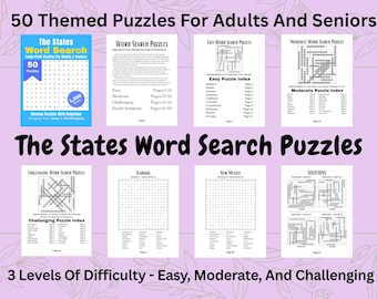 Puede incluir: Imagen que muestra rompecabezas de búsqueda de palabras para adultos y personas mayores. La imagen muestra una portada de libro y varias páginas de rompecabezas. El texto dice "The States Word Search Puzzles" con 3 niveles de dificultad.