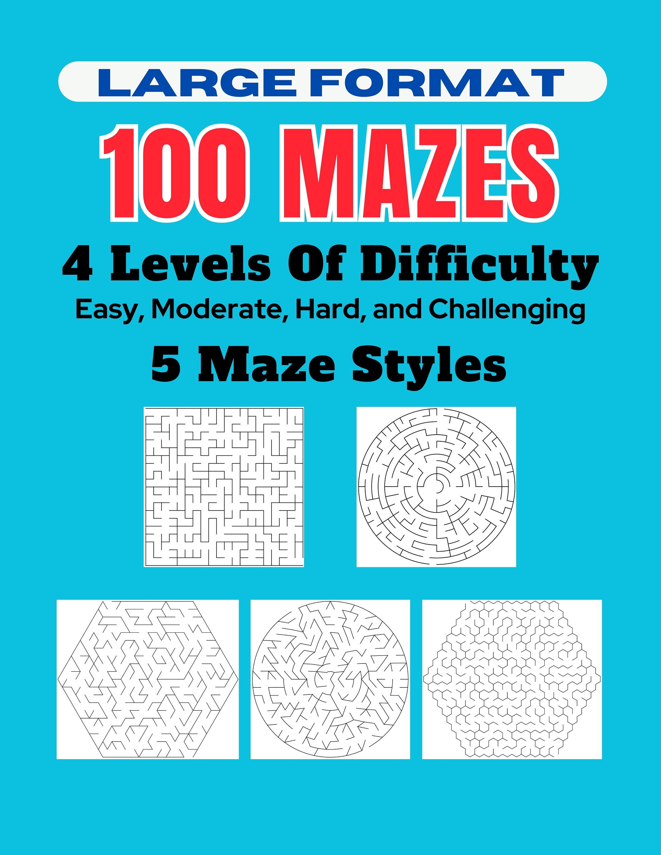 100 Large Format Mazes For Adults and Seniors - 5 Types Of Mazes With 4 Levels Of Difficulty - Digital Download