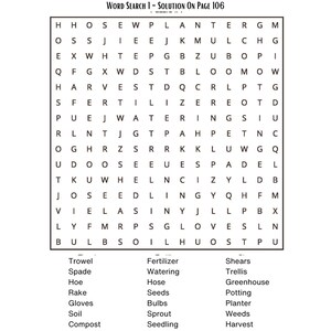 Puede incluir: Un rompecabezas de b&uacute;squeda de palabras en blanco y negro titulado "In The Garden". El rompecabezas incluye una cuadr&iacute;cula de letras y una lista de palabras relacionadas con la jardiner&iacute;a para encontrar, como "Trowel", "Spade" y "Bloom".