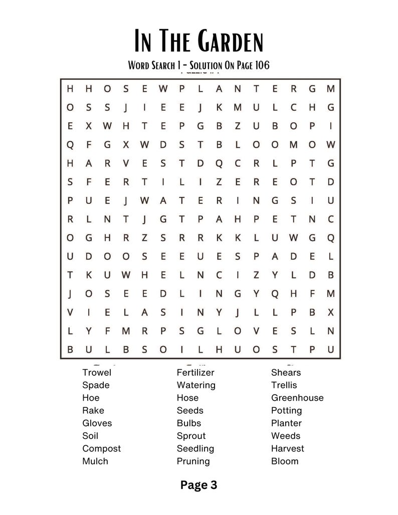 Puede incluir: Un rompecabezas de b&uacute;squeda de palabras en blanco y negro titulado "In The Garden". El rompecabezas incluye una cuadr&iacute;cula de letras y una lista de palabras relacionadas con la jardiner&iacute;a para encontrar, como "Trowel", "Spade" y "Bloom".
