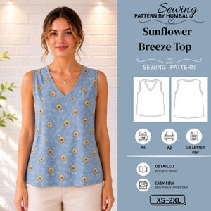 May include: A sewing pattern for a Sunflower Breeze Top by Humbal. The pattern includes a sleeveless V-neck top design with a blue sunflower print, technical line drawings of the front and back, and icons for A4, A0, and US Letter PDF formats.