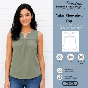 Puede incluir: Una blusa sin mangas de color verde oliva con escote en pico y detalle de canesú fruncido. La imagen incluye el texto: Sewing Pattern by Humbal, Yoke Sleeveless Top, Sewing Pattern, A4, A0, US Letter PDF, Detailed Instructions, Easy Sew, XS-XL.