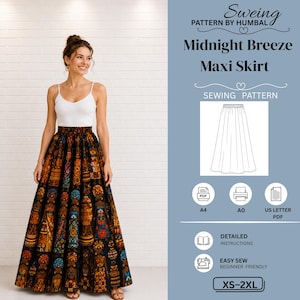 May include: A sewing pattern for a Midnight Breeze maxi skirt by Humbal, featuring a white tank top and a long, black skirt with a repeating colorful graphic print of figures. Includes PDF formats for A4, A0, and US Letter, with instructions for sizes XS-2XL.