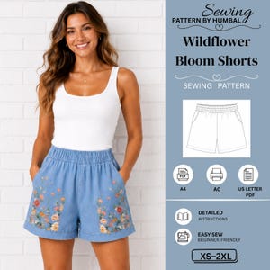May include: A sewing pattern for Wildflower Bloom Shorts by Humbal, featuring a line drawing of elastic-waist shorts, PDF format icons for A4, A0, and US Letter, detailed instructions, and a size range from XS to 2XL for beginner sewers.
