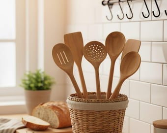 Handmade Wooden Cooking Utensils Set | Rustic Farmhouse Kitchen Decor Gift