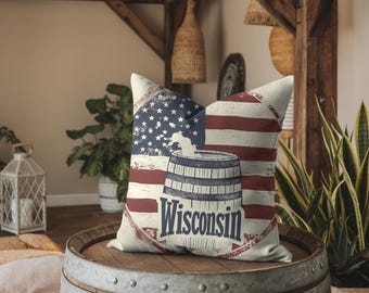 Cojín con la bandera del estado de Wisconsin: decoración patriótica de Wisconsin, regalo de orgullo estadounidense
