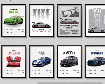 May include: Ten digital car posters featuring different car models, including a green Porsche GT3 RS, a silver Porsche 911, a white Lamborghini Huracán, a red Ferrari LaFerrari, a blue Dodge Viper, a black Mercedes G Class, a blue Ford Mustang, and a silver BMW. The posters have a minimalist design with the car model name and a small flag representing the country of origin.