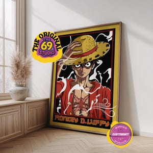 May include: Framed poster featuring a cartoon illustration of Monkey D. Luffy from One Piece. The character is wearing a straw hat and red shirt. The poster has a yellow border and the text "Monkey D. Luffy". The image also includes the text "THE ORIGINAL THE 69 STUDIO".