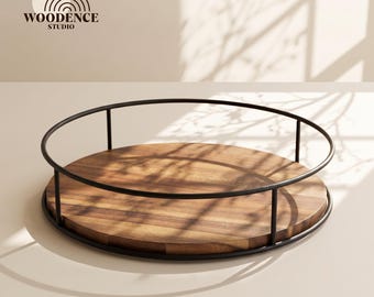 Acacia Wood Lazy Susan Turntable with Metal Frame, Wooden Serving Tray, Countertop Storage Organizer Decor