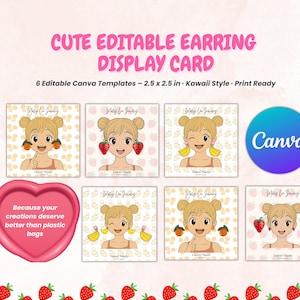 Kawaii Fruit Oorbel Displaykaart Sjabloon 2,5 × 2,5 inch • Afdrukbaar • Bewerkbaar Canva Anime Girl Sieradenhouder • Aardbei | Banaan | Sinaasappel