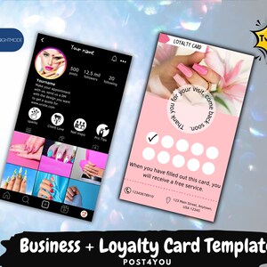 Puede incluir: Una plantilla de tarjeta de fidelización rosa con una marca de verificación y 10 círculos para que los clientes los rellenen. La tarjeta tiene el texto "Gracias por su visita, vuelva pronto" y "Cuando haya completado esta tarjeta, recibirá un servicio gratuito." La tarjeta también incluye un número de teléfono y una dirección. La tarjeta está junto a un perfil de Instagram en blanco y negro con el rostro de una mujer y el texto "Su nombre" y "500 publicaciones, 12,5 millones de seguidores, 20 seguidores".