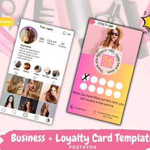 Puede incluir: Una plantilla de tarjeta de fidelización rosa y amarilla con un código QR y una tarjeta de perforación para una peluquería. La tarjeta dice "¡Gracias por su visita, vuelva pronto!" y "Cuando haya completado esta tarjeta, recibirá un servicio gratuito."
