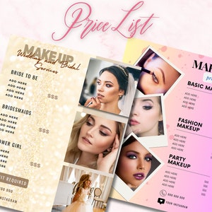 Puede incluir: Una lista de precios rosa y blanca para servicios de maquillaje. La lista incluye precios para maquillaje básico, maquillaje de moda y maquillaje de fiesta. La imagen también incluye fotos de modelos con diferentes looks de maquillaje.