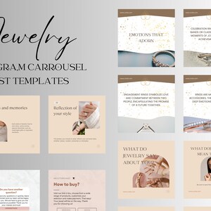 Puede incluir: Un carrusel de plantillas de publicaciones de Instagram para un negocio de joyería. Las plantillas presentan imágenes de anillos, collares y pulseras, y texto sobre el significado de la joyería y cómo comprarla.