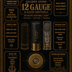 May include: A technical poster titled Caliber Study: 12 Gauge 12 Gauge Shotshell. It features a wireframe, a solid black shell with 12 Gauge 2 3/4 in text, and a cutaway view showing internal components. Gold text boxes provide details on origin, profile, and interior design.
