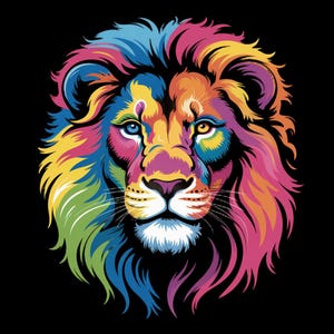 Puede incluir: Ilustración de una cabeza de león colorida sobre un fondo negro. La melena y la cara del león son una vibrante mezcla de colores del arcoíris, incluyendo azul, amarillo, rosa y naranja. El león tiene un hocico blanco y una expresión regia.