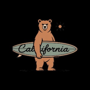 Puede incluir: Ilustración de un oso pardo sosteniendo una tabla de surf con la palabra "California" escrita. El oso está sobre un fondo negro con un pequeño sol. La tabla de surf es verde claro con un contorno beige.