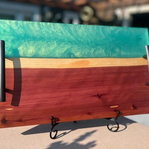 Green Epoxy and Wood Serving Board, Handmade One-of-a-kind Resin Charcuterie Board with Handles