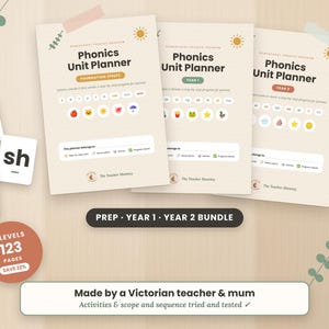 May include: Three Phonics Unit Planner booklets labelled Foundation, Year 1, and Year 2, featuring educational icons and text. Includes three white square cards with the letters A, sh, and ai, plus a circular badge stating 123 pages and 3 levels.