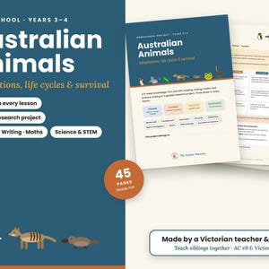 Australische dieren - Thuisonderwijspakket voor groep 3 en 4, Aanpassingen, Levenscycli, Voedselketens, Onderzoeksproject, Gedifferentieerd wetenschapsmateriaal (printbaar)