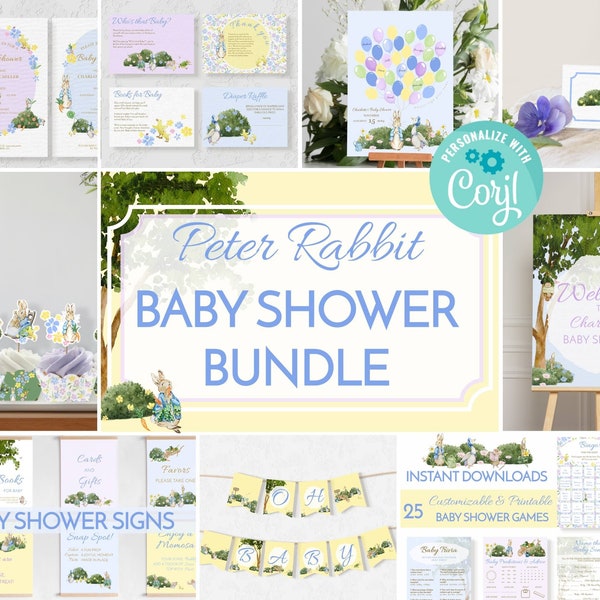 Peter Rabbit Baby Shower Bundle. Edit Vintage Dainty Party Decorations. Printable Custom Baby Shower Games, Invites, Signs, Decor, Bunting.
