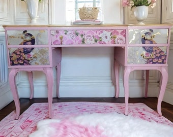 French Provincial Desk Painted Vanity Entry Way with ImFlippingVintage decoupage Peacock Whimsical