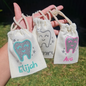 Personalised Tooth Fairy Bag Kids Custom Name Tooth Pouch Keepsake for Lost Teeth Magical Tooth Fairy Visit Sparkly silver drawstring bag