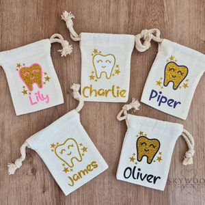 Personalised Tooth Fairy Bag for Kids Custom Name Tooth Pouch Keepsake for Lost Teeth Magical Tooth Fairy Visit Sparkly Gold drawstring bag