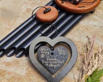Personalized Memorial Wind Chime Black: Engraved Spinning Heart, Sympathy Gift