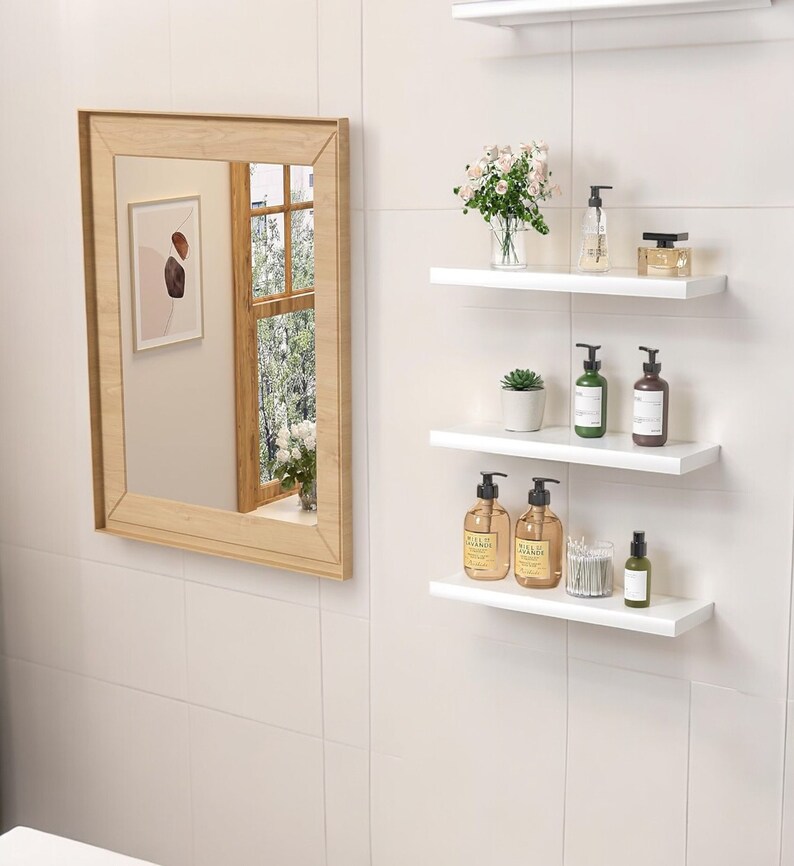 White Wooden Floating Shelves for Wall, Set of 3 Wall Mounted Bathroom ...